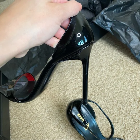 SAINT LAURENT BLACK PATENT VERNICE CHIFFON LEATHER HIGH HEEL SIZE 37 /7 - Picture 13 of 16